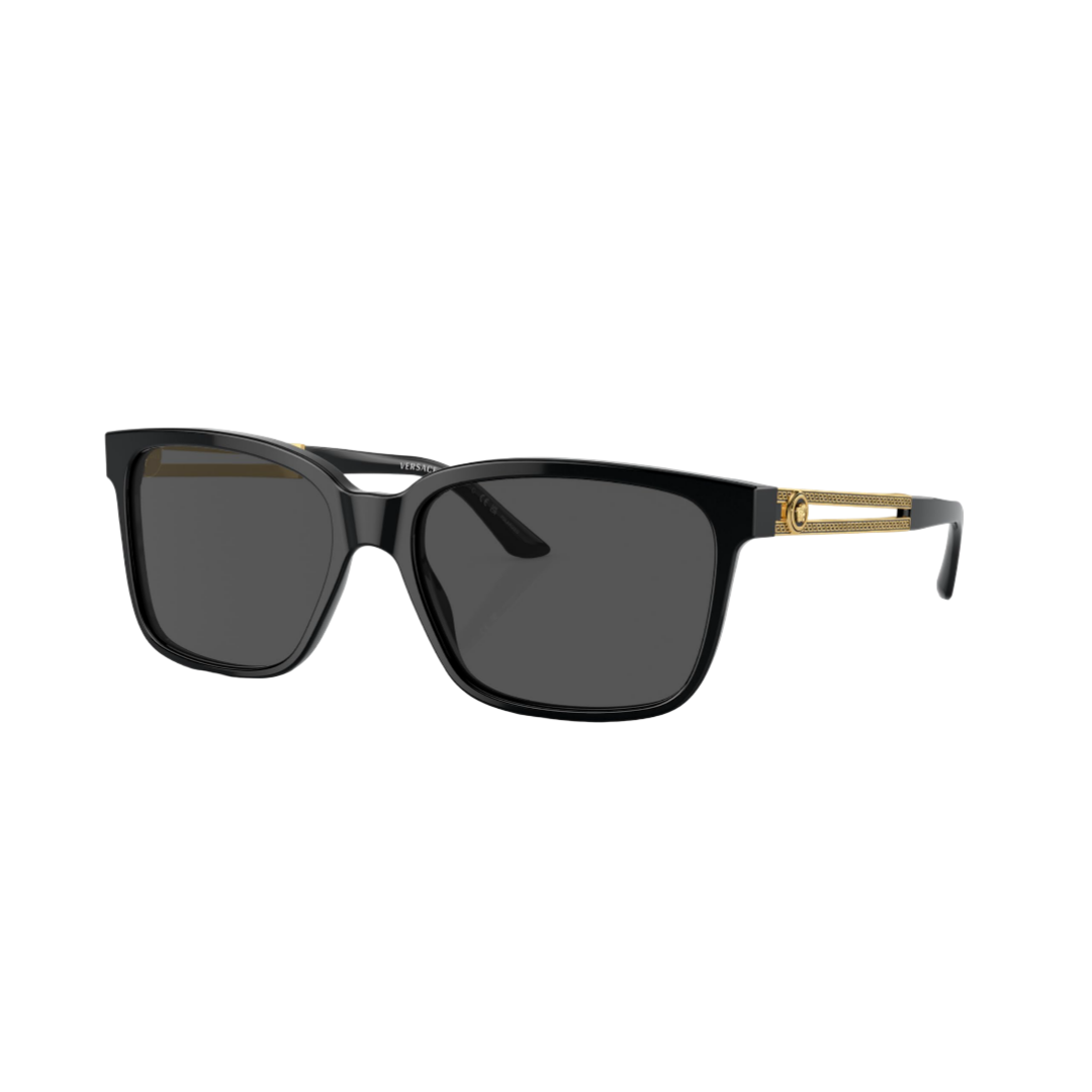 Versace Designer Sunglasses Square Black Frame Gold Metal Arm Grey Lens VE4307