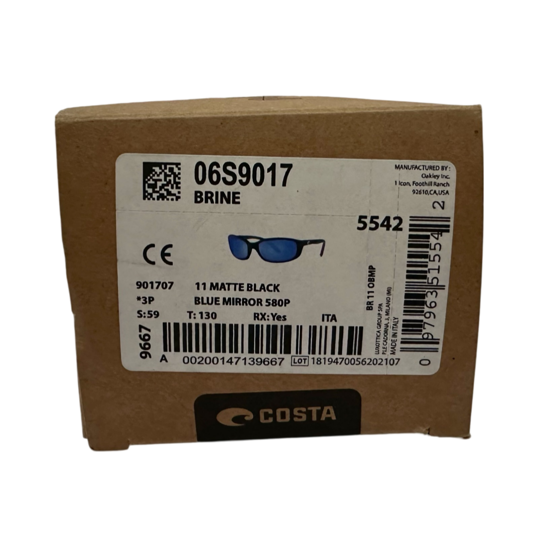 Costa Wrap Around Brine Sunglasses Black Frame Blue Polarized Mirror 580P Lens